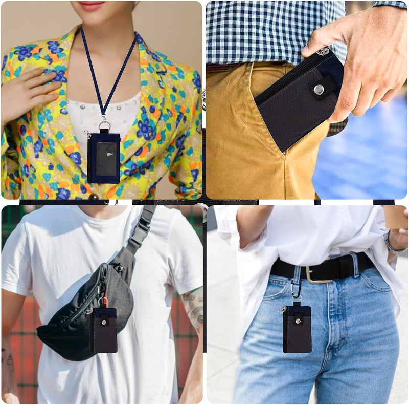 MASAPHIL MASAPHlL Small Lanyard Wallet for Women/Men with RFID Blocking ID Card Wallet, Minimalist Nylon Zipper Pouch, Travel Neck Wallet with Keychain, ID Window for Card,Coin,Cash (Dark Gray+Dark Blue) - Image 2